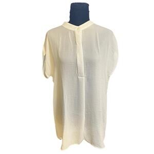 Cabi Off White Semi Sheer Gauzy Mandarin Collar Short Sleeve Tunic Blouse Size M